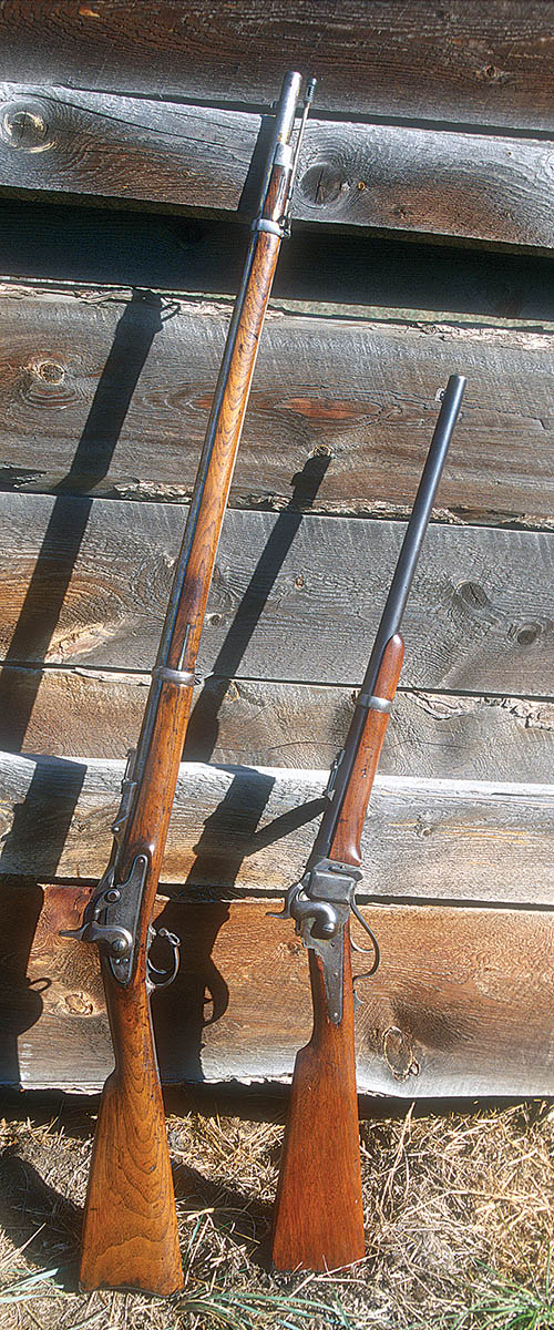 The rifle and carbine .50 Government (.50-70) was America’s first successful big-bore, black-powder cartridge. At left is a U.S. Model 1868 trapdoor Springfield; right is a U.S. Model 1867 Sharps Conversion.